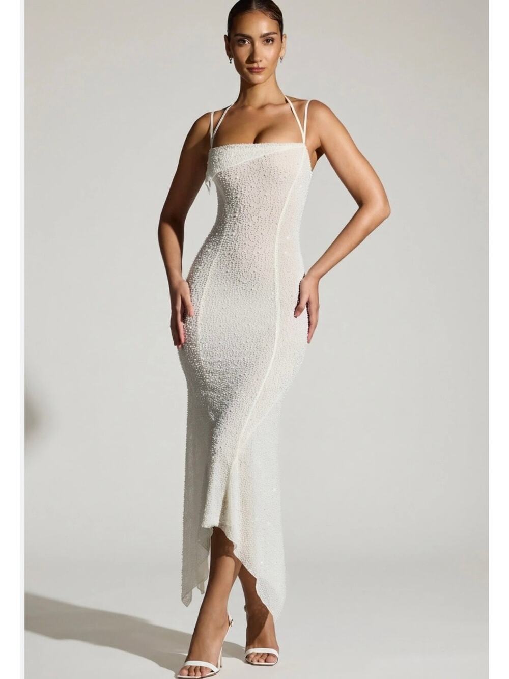 Oh Polly Dole Embellished Asymmetric Maxi Dress in White Size 6 New